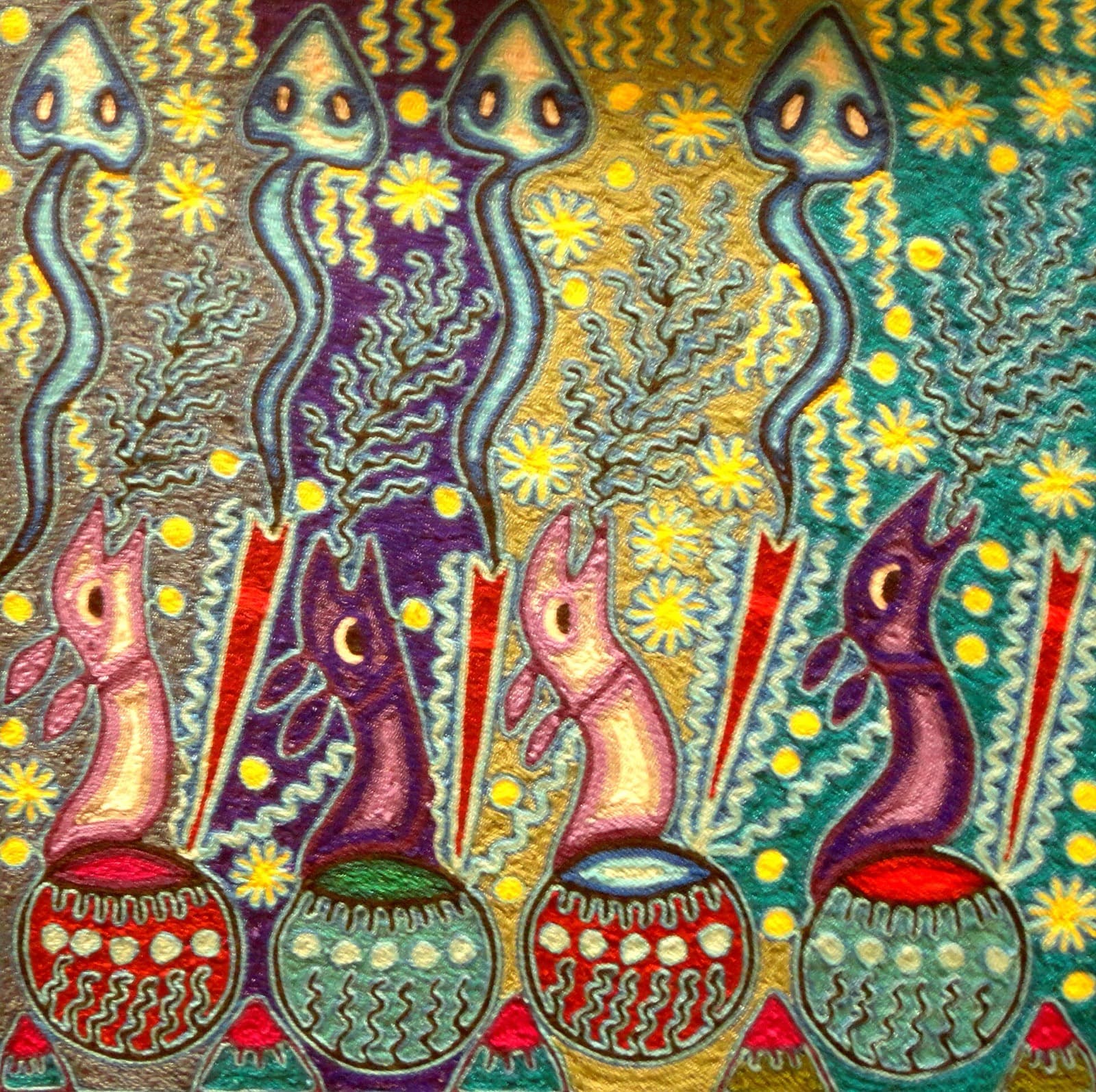Cuadro de estambre huichol de formato cuadrado con composición circular de figuras cósmicas